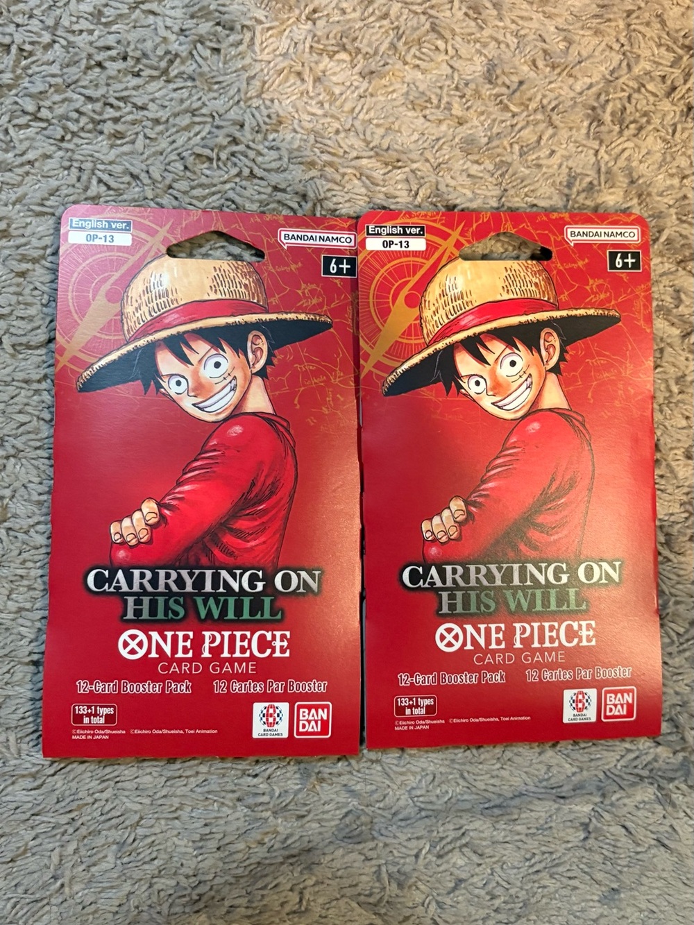 One Piece "Carrying On His Will" Card Game Booster Pack (2 packs)